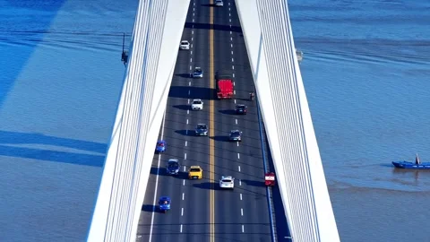 Modern cable-stayed bridge on dongting lake,yueyang,China Stock Footage 325343947