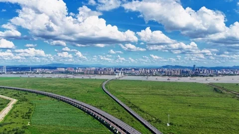 Modern cable-stayed bridge on dongting lake,yueyang,China Stock Footage 325344080