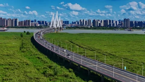 Modern cable-stayed bridge on dongting lake,yueyang,China Stock Footage 325344177