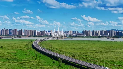 Modern cable-stayed bridge on dongting lake,yueyang,China Video stock 325344195