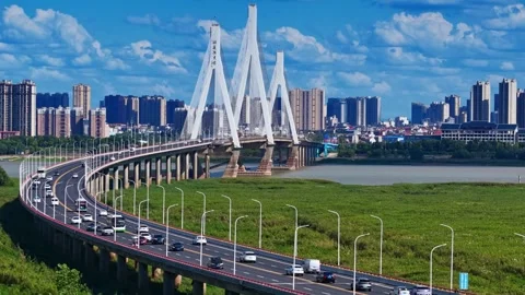 Modern cable-stayed bridge on dongting lake,yueyang,China Stock Footage 325344305