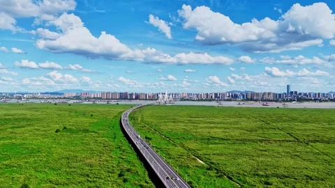 Modern cable-stayed bridge on dongting lake,yueyang,China Stock Footage 325344605