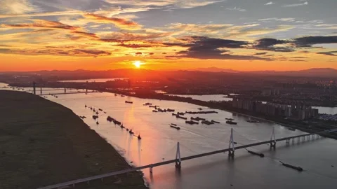 Modern cable-stayed bridge on dongting lake,yueyang,China Stock Footage 325344745