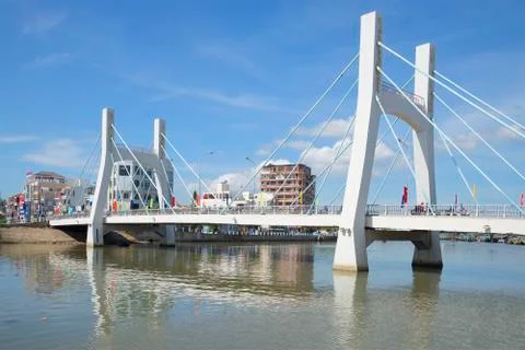 Modern cable-stayed bridge over the Tu Sa river. Phan Thiet, Vietnam Stock Photos