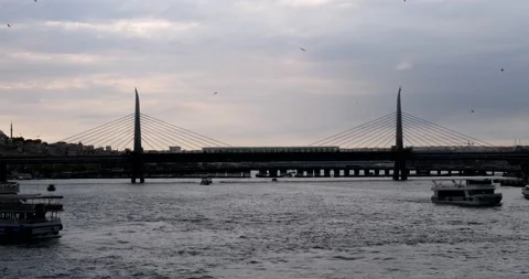 Modern Cable-Stayed Bridge with Train and Cityscape Stock Footage 211322944