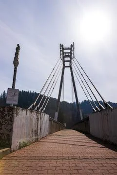 Modern Cable-Stayed Pedestrian Bridge with Tower and Steel Cables Stock-Fotos