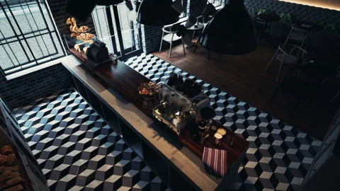Modern Cafe Dining Room With Black and White Checkered Flooring Stock Footage 266864926
