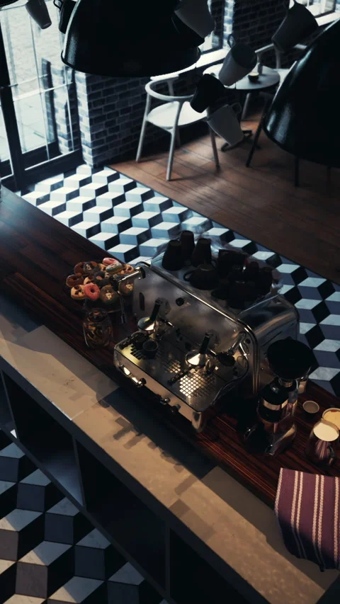Modern Cafe Dining Room With Black and White Checkered Flooring Stock Footage 270938125