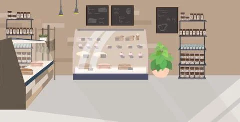 Modern cafe empty no people restaurant with shop window cafeteria interior flat Illustrazione stock