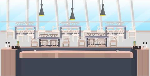 Modern cafe empty no people restaurant counter desk tables and chairs coffee Stock Illustration
