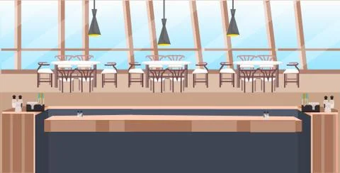 Modern cafe empty no people restaurant counter desk tables and chairs coffee Stock Illustration