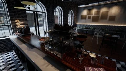 Modern Cafe Interior With Bar and Large Window Illustrazione stock
