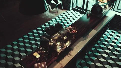 Modern Cafe Interior With Checkered Floor and Long Table 스톡 일러스트
