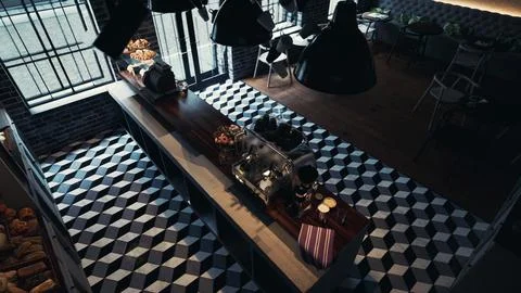 Modern Cafe Interior With Checkered Floor and Long Table 스톡 일러스트