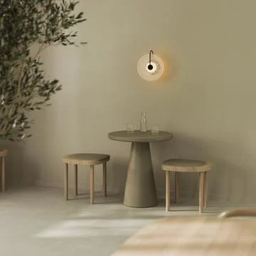 Modern cafe interior with coffee table and wooden chairs, 3d render Stock Illustration