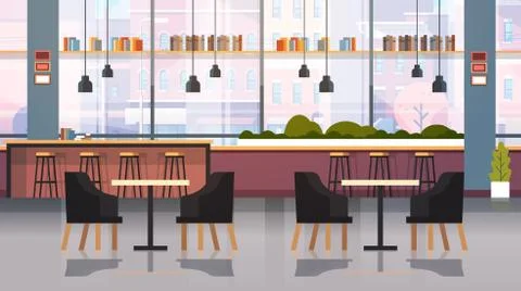 Modern cafe interior empty no people restaurant with furniture coffee point Stock Illustration