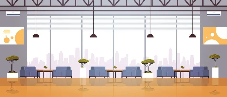 Modern cafe interior empty no people restaurant cafeteria design panoramic Illustrazione stock