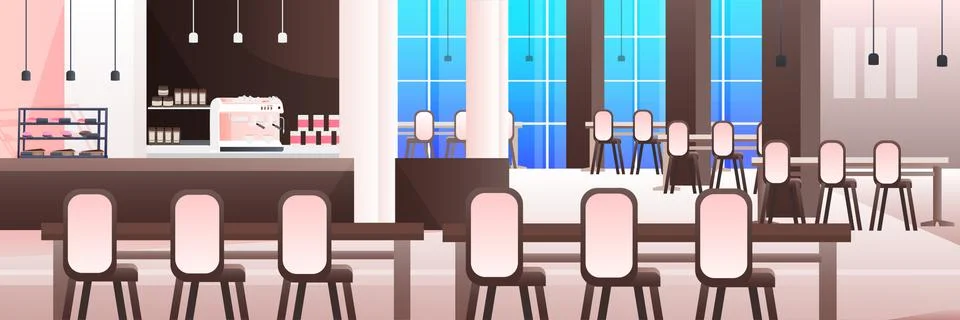 Modern cafe interior empty no people restaurant with furniture horizontal Stock Illustration