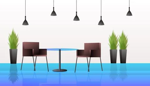 Modern cafe interior empty no people restaurant with furniture horizontal vector Stock Illustration