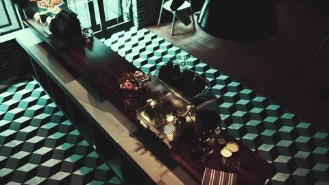 Modern Cafe Interior With Long Table and Black and White Checkered Floor Stock Illustration