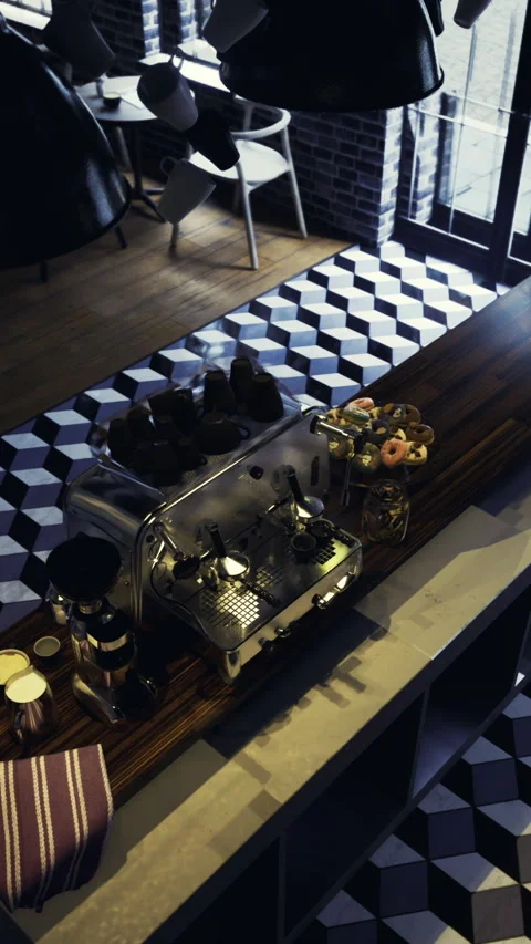 Modern cafe interior with stylish design and coffee preparation activities Stock Footage 325074340