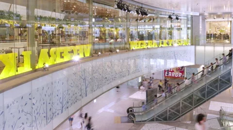 Modern cafe window and passengers on escalator Stock Footage 65758390