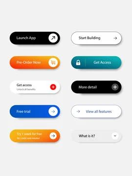 Modern call to action button collection with rounded UI elements, black and.. Stock Illustration