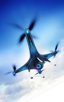 Modern camera drone in dynamic flight with blue sky background Stock Illustration