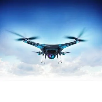 Modern camera drone in flight with blue sky background Stock Illustration