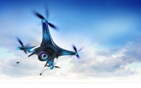 Modern camera drone in flight with blue sky Stock Illustration