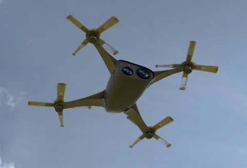 Modern camera drone in flight, bottom view of the futuristic black concept cloud Stock Illustration