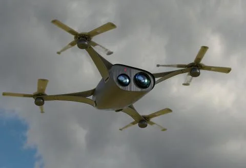 Modern camera drone in flight, front view of the futuristic black concept cloud Stock Illustration