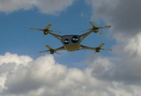Modern camera drone in flight, front view of the futuristic black concept cloud Stock Illustration