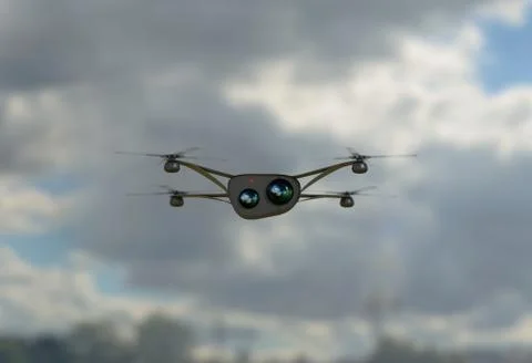 Modern camera drone in flight, front view of the futuristic black  concept cloud Stock Illustration