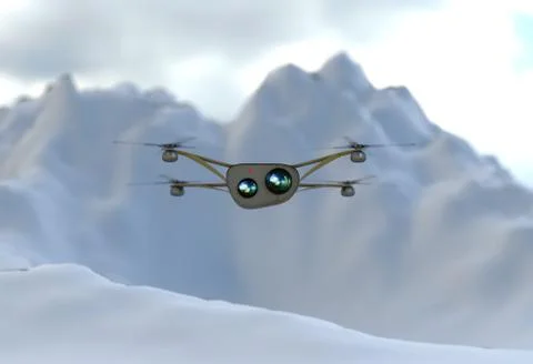 Modern camera drone in flight, front view of the futuristic black conceptat Stock Illustration