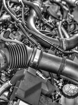 Modern car engine background in black and white close up Foto stock