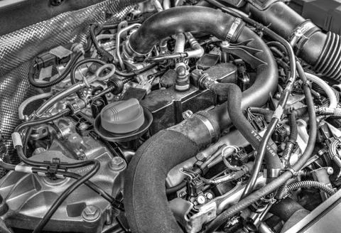 Modern car engine background in black and white Stock Photos
