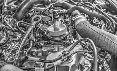 Modern car engine background in black and white Stock Photos