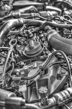 Modern car engine background in black and white Stock Photos
