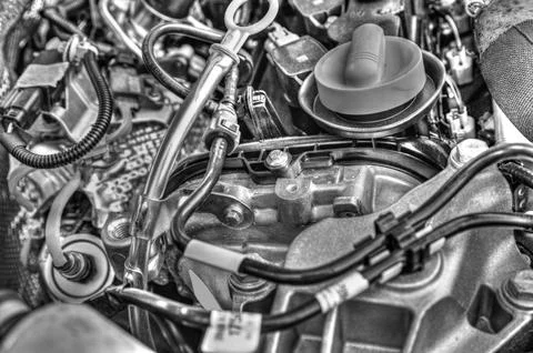 Modern car engine background in black and white close up 스톡 사진
