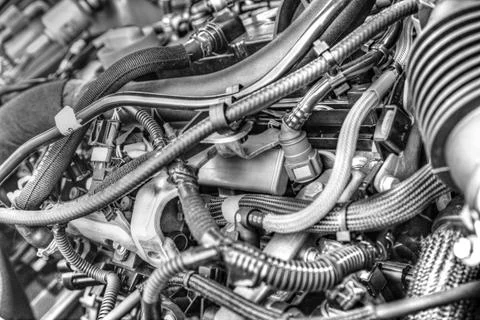 Modern car engine background in black and white close up 스톡 사진