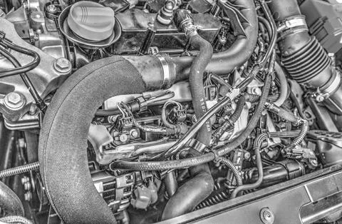 Modern car engine background in black and white close up 스톡 사진