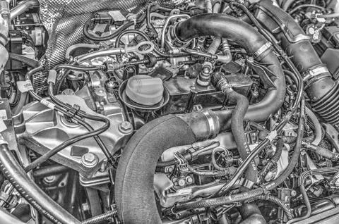 Modern car engine background in black and white close up 스톡 사진