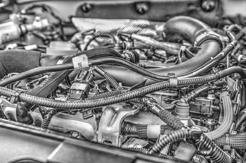 Modern car engine background in black and white close up Stock Photos