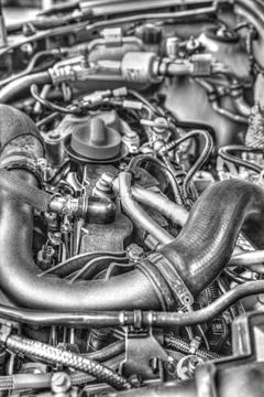 Modern car engine background in black and white close up Stock Photos
