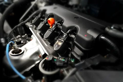 Modern car engine in close up Stock Photos