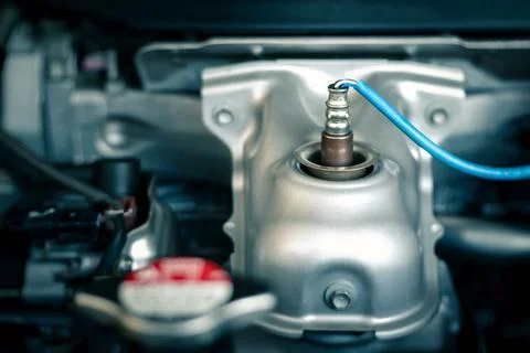 Modern car engine, O2 oxygen sensor upstream - downstream Stock Photos
