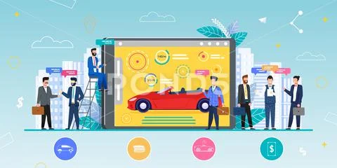 Modern Car Exhibition Metaphor Flat Cartoon Vector Stock Illustrationen