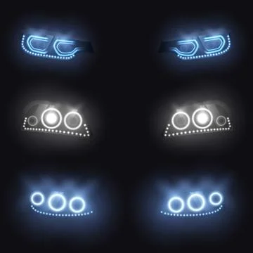 Modern car glowing headlights vector set Stock Illustration