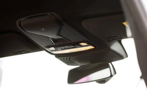 Modern car interior close up view with metallic and plastic details. Interior Foto stock